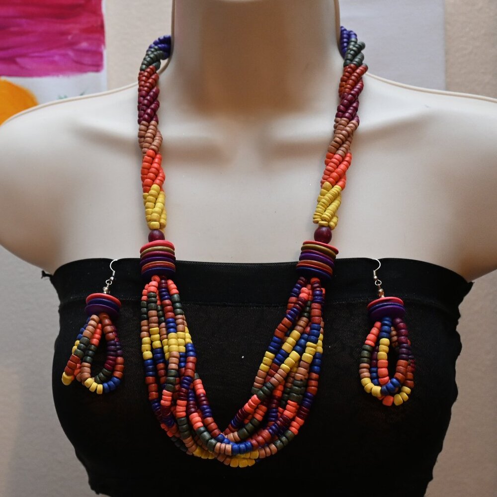 Bohemian Vibrant Multicolor Beaded Statement Necklace Earrings Jewelry Set